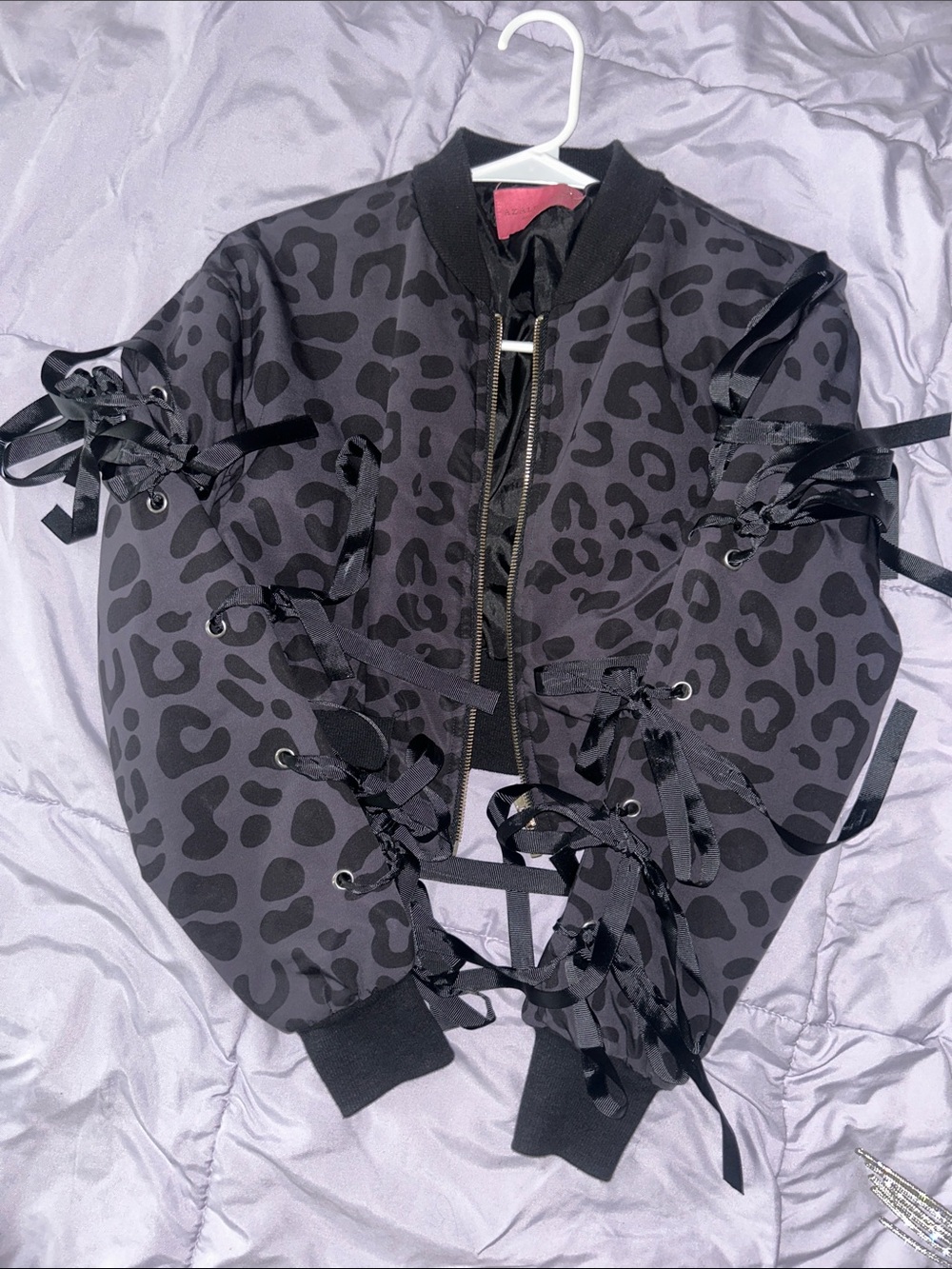 Black Leopard Print Lace-Up Bomber Jacket